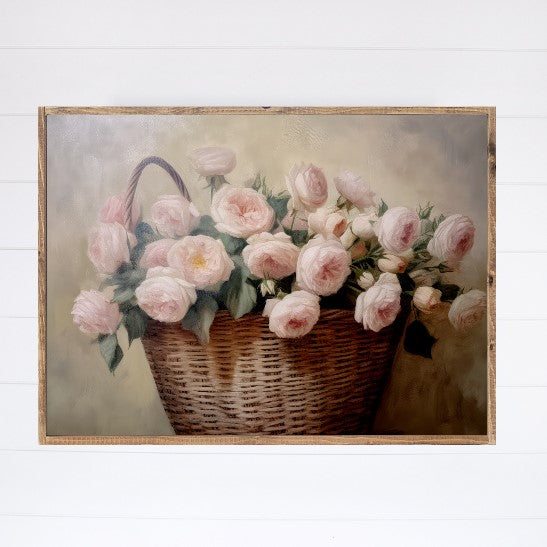 Wicker Basket of Roses Canvas Printed Sign