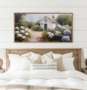 A Cottage Hidden Amongst The Hydrangeas Canvas Printed Sign