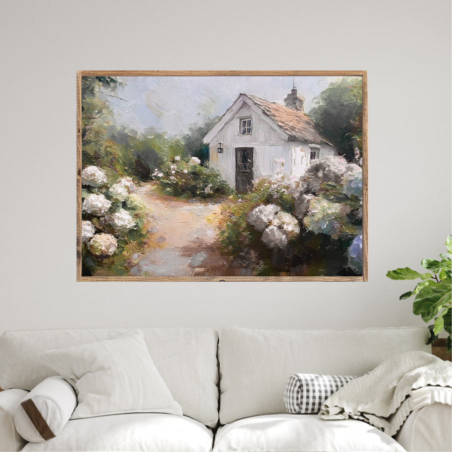 A Cottage Hidden Amongst The Hydrangeas Canvas Printed Sign