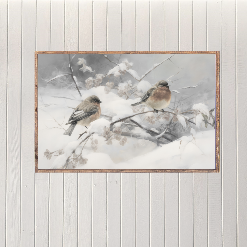 Birds on a Frosty Branch Canvas Printed Sign