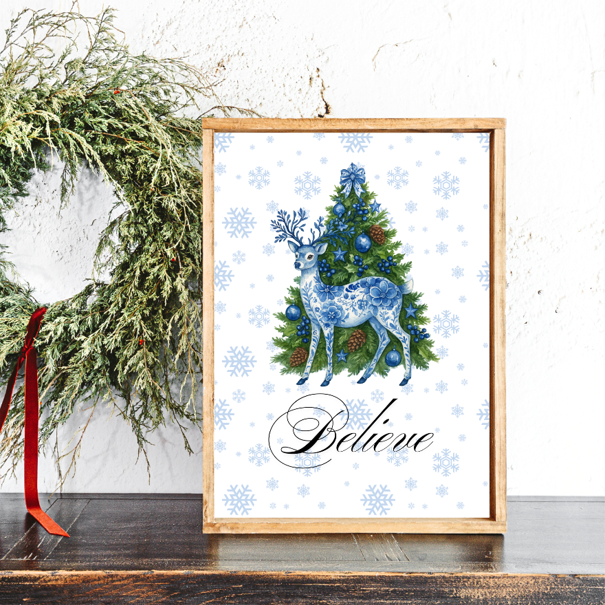 Blue Chinoiserie Christmas Deer Canvas Printed Sign