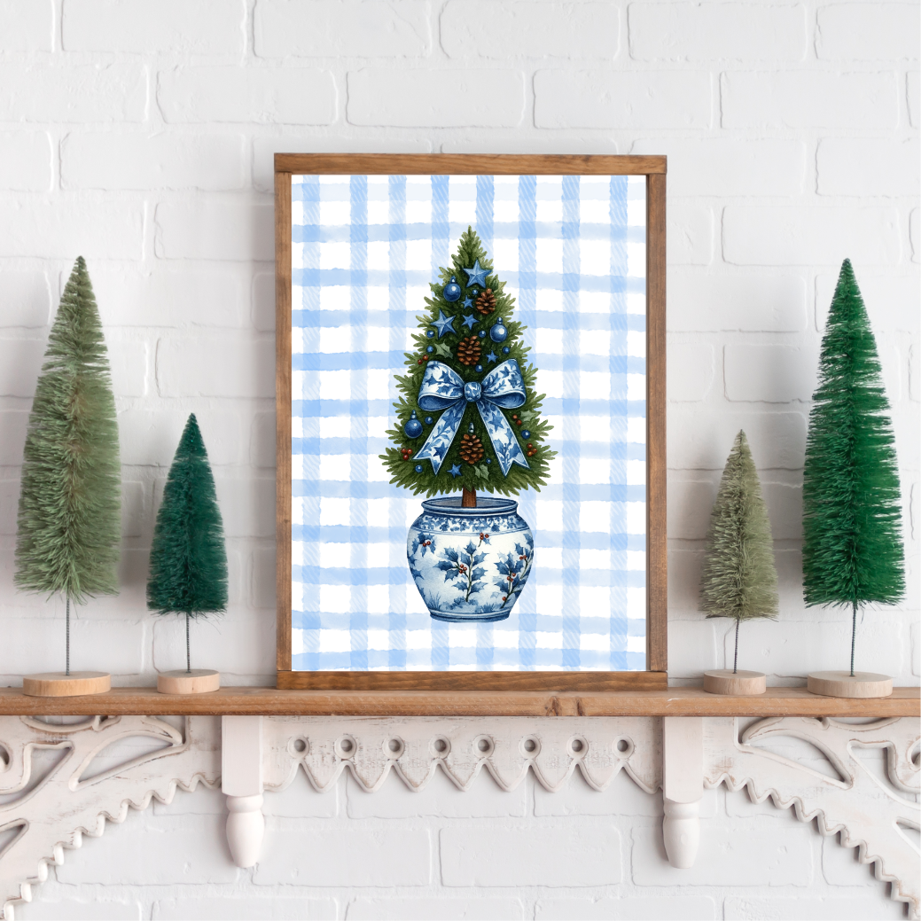 Blue Chinoiserie Christmas Tree Canvas Printed Sign