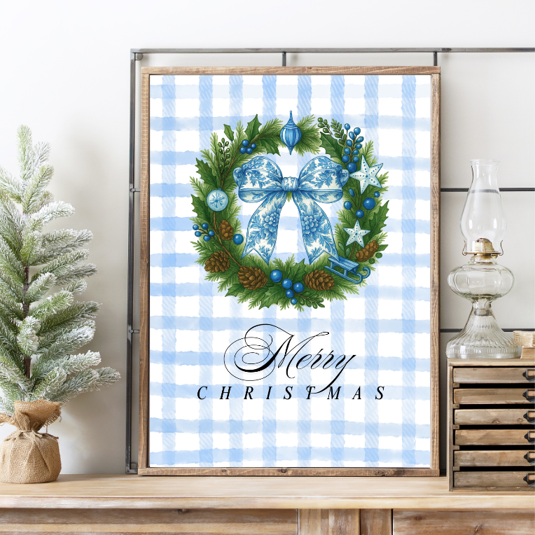 Blue Chinoiserie Christmas Wreath Canvas Printed Sign