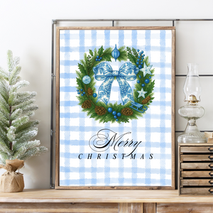 Blue Chinoiserie Christmas Wreath Canvas Printed Sign