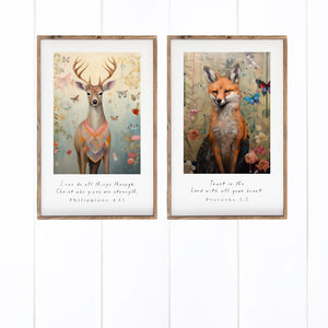Botanical Deer and Fox Scripture Nursery Little Girl Room Set of 2 Canvas Printed Signs