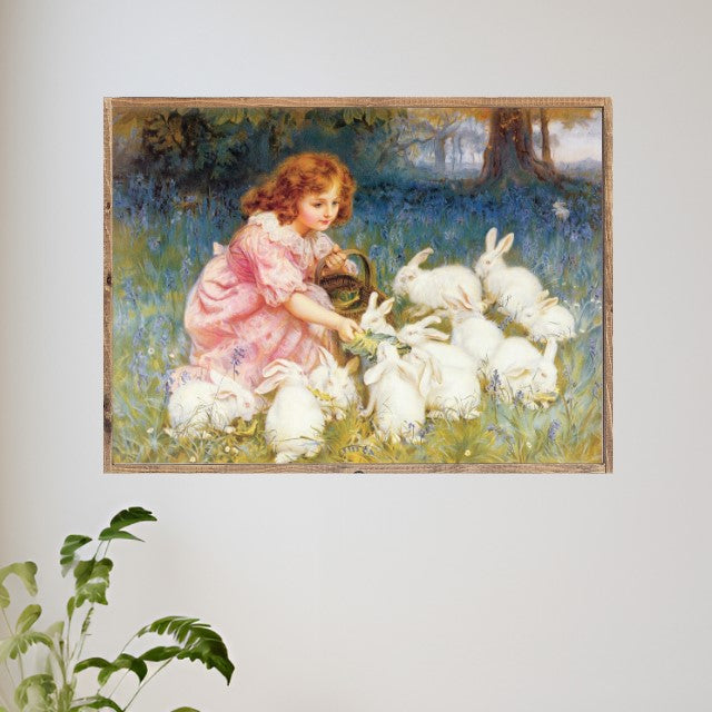 Bunny Feeding Time Vintage Art Canvas Printed Sign