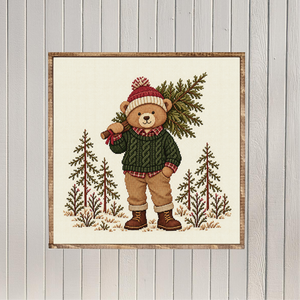 Bear's Tree Shopping Cross-Stitch Canvas Printed Sign
