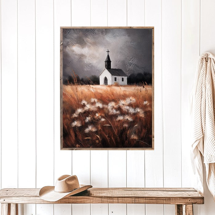 Country Church House at Dusk Canvas Printed Sign