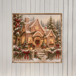 Cozy Gingerbread Cottage in Snow Canvas Printed Sign