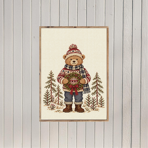 Cross-Stitch Christmas Bear Canvas Printed Sign