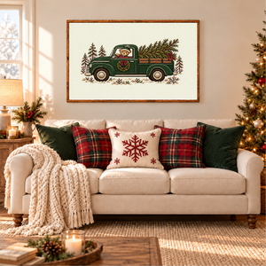 Cross-Stitched Bear’s Christmas Tree Truck Canvas Printed Sign
