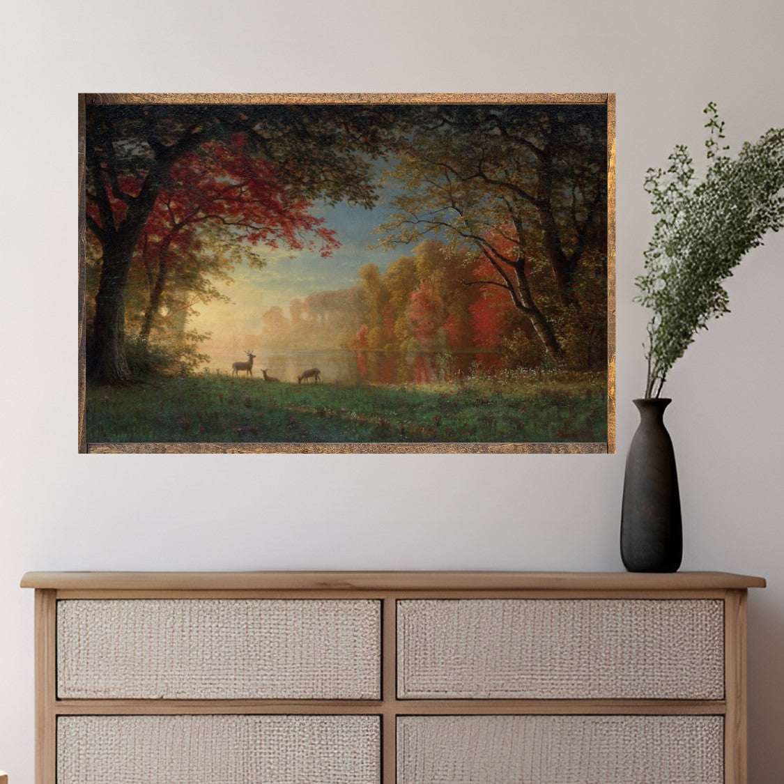 Deer Feeding By The Pond Canvas Printed Sign