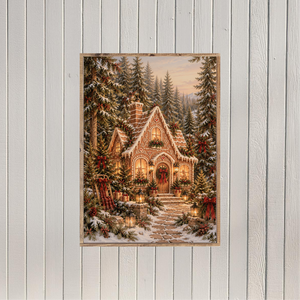 Enchanted Gingerbread Cottage in Snowfall Canvas Printed Sign