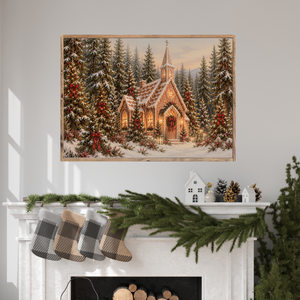 Gingerbread Chapel in a Snowy Forest Canvas Printed Sign