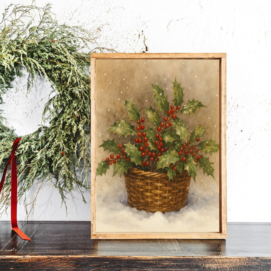 Holly Basket Canvas Printed Sign