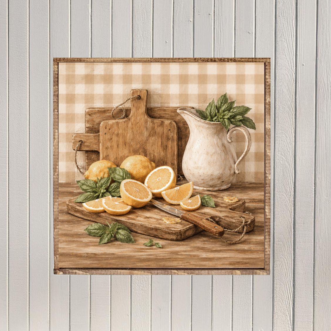 Lemons and Basil on Weathered Wood Canvas Printed Sign