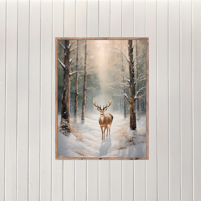 Majestic Snowy Deer Canvas Printed Sign