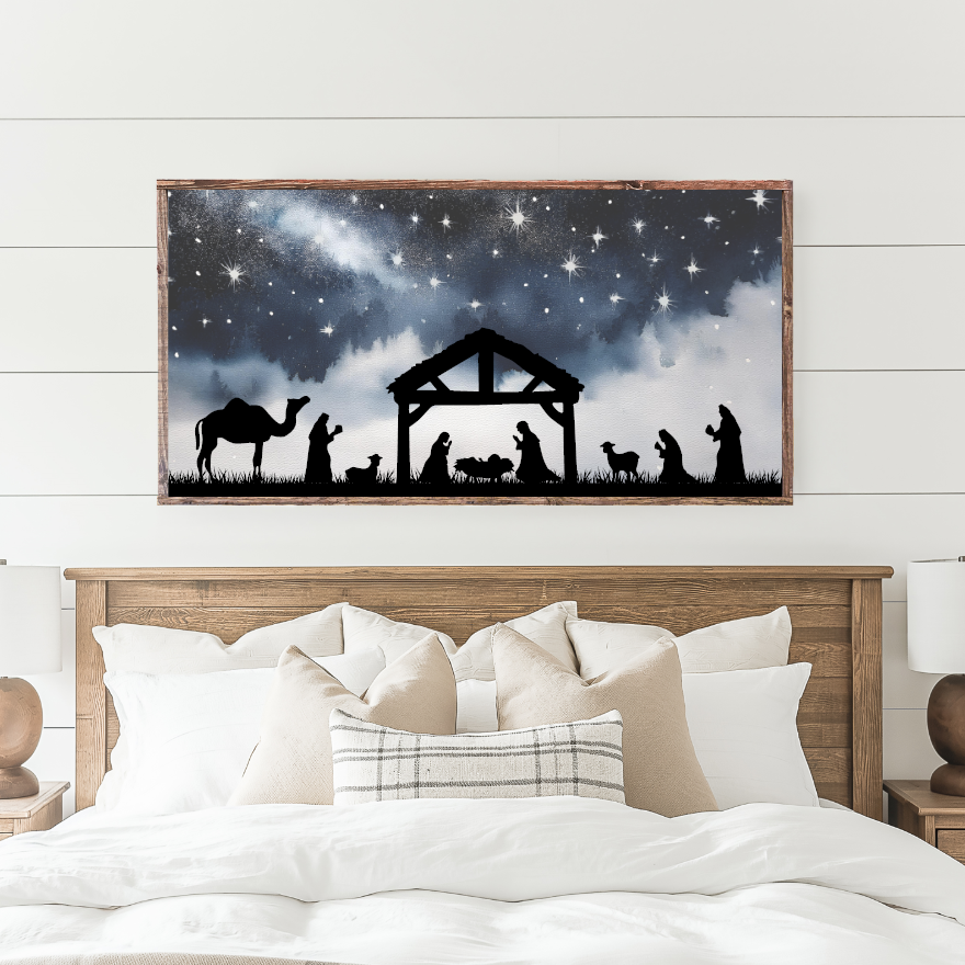 Nativity Scene Under a Starry Sky Canvas Printed Sign