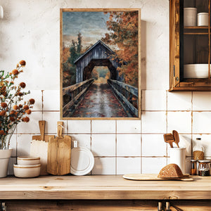 Old Covered Bridge In Autumn Canvas Printed Sign