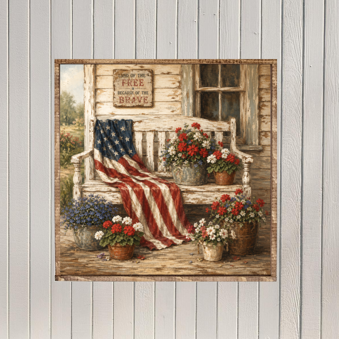 Patriotic Porch Scene Canvas Printed Sign