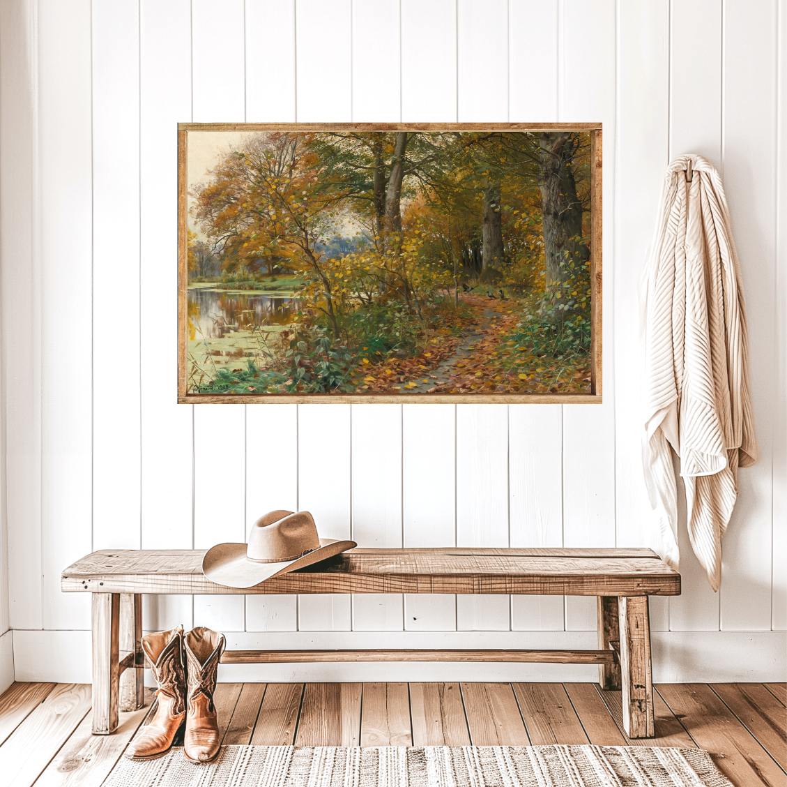 Peaceful Walk By The Fall Pond Canvas Printed Sign