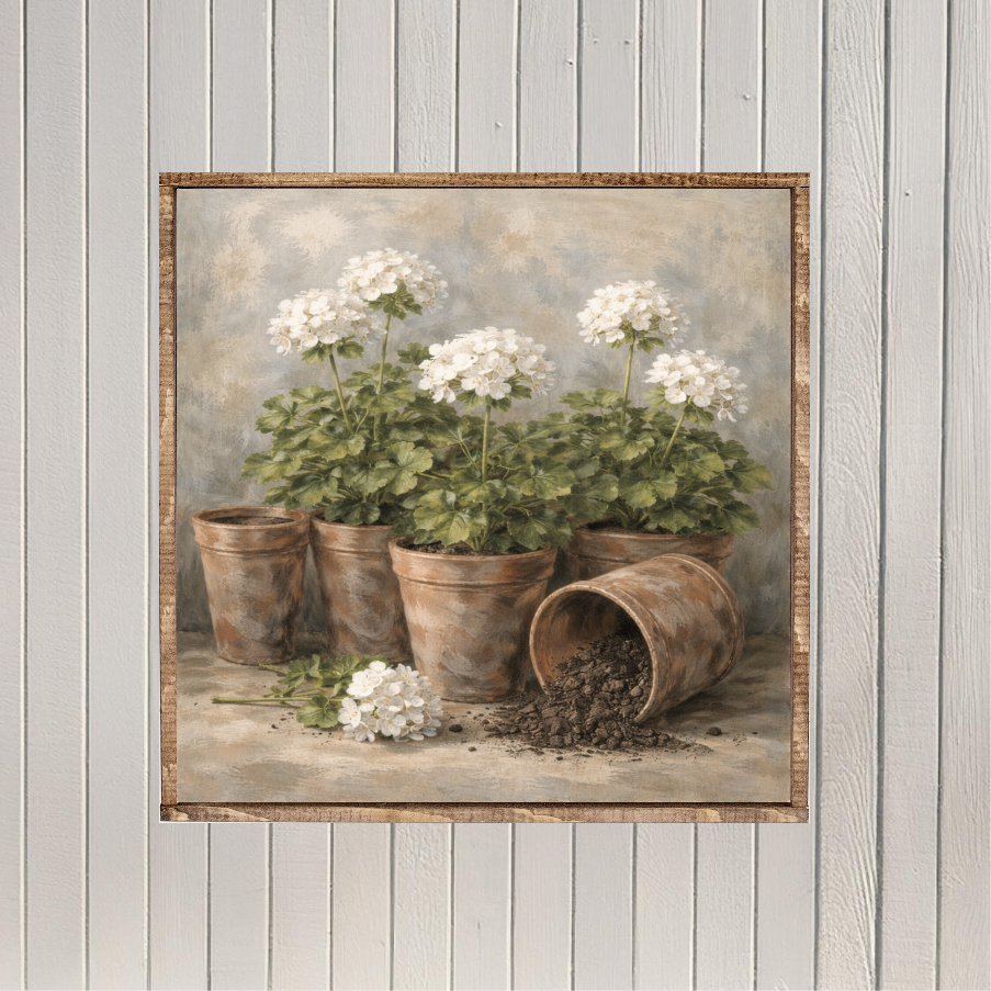 Potting White Geraniums Canvas Printed Sign