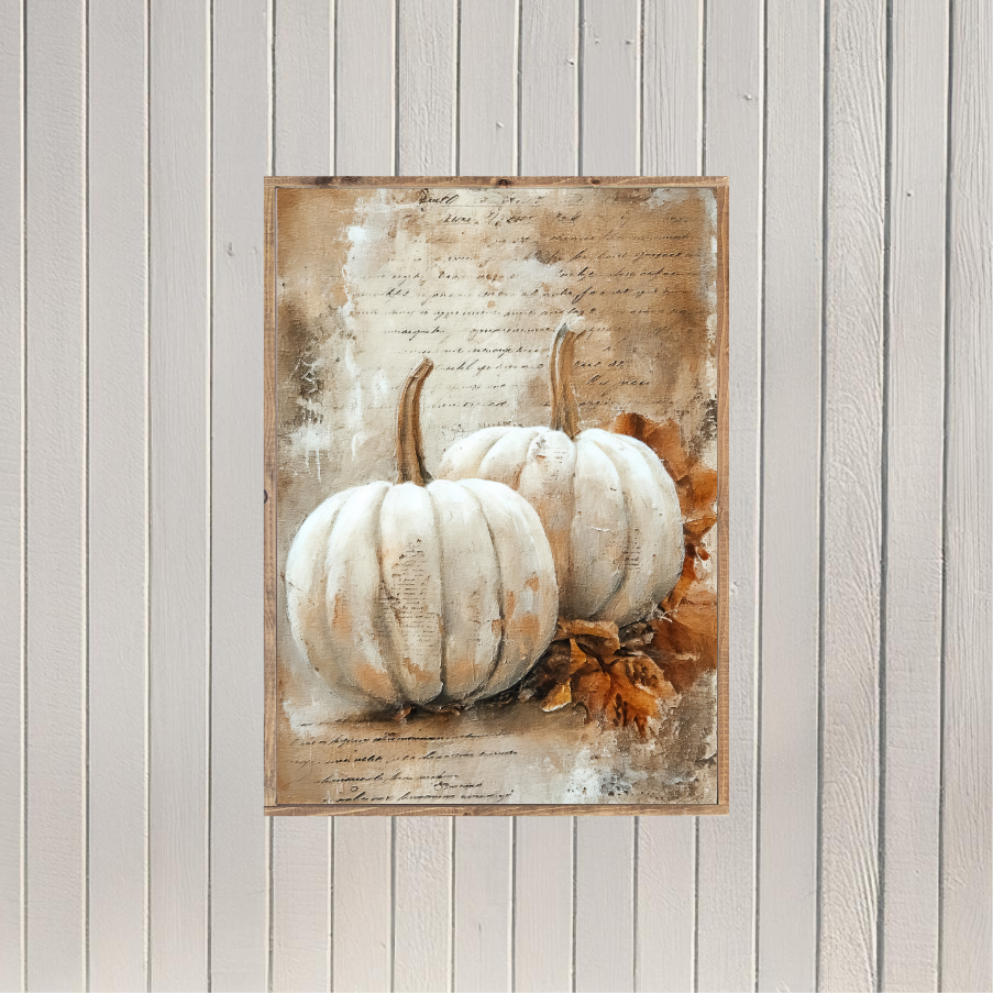 Rustic Vintage White Pumpkins 2 Canvas Printed Sign