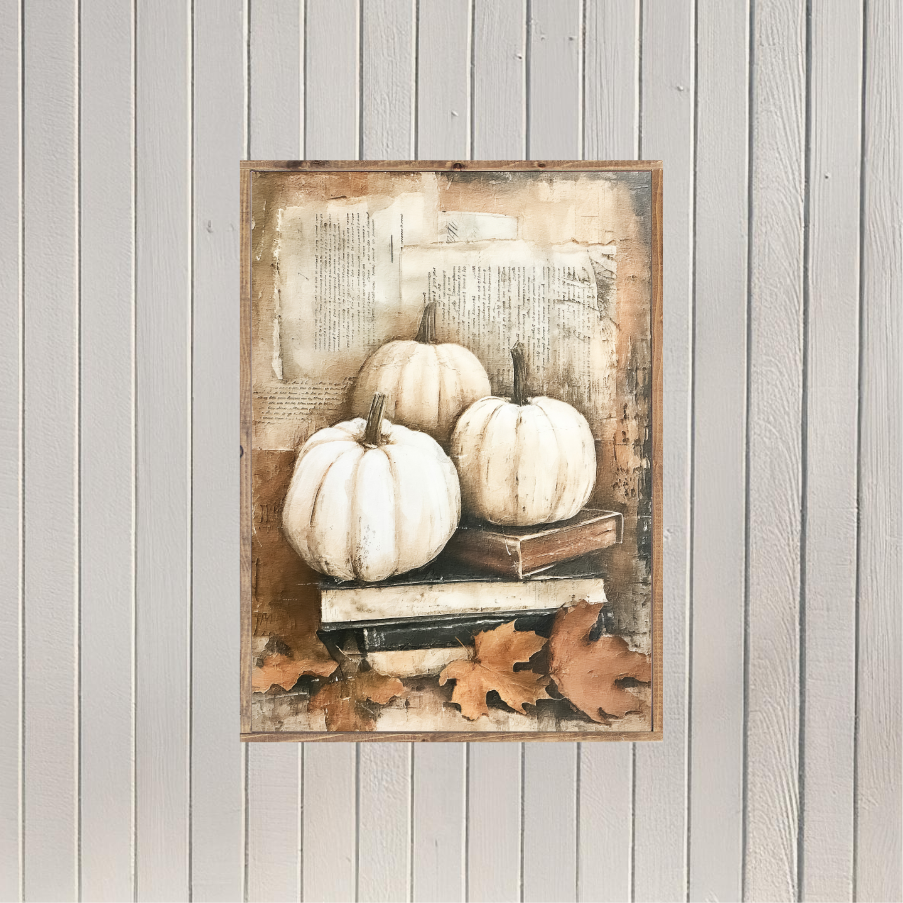 Rustic Vintage White Pumpkins 4 Canvas Printed Sign