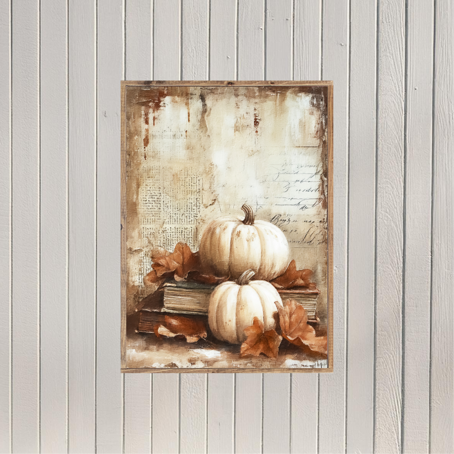 Rustic Vintage White Pumpkins 5 Canvas Printed Sign