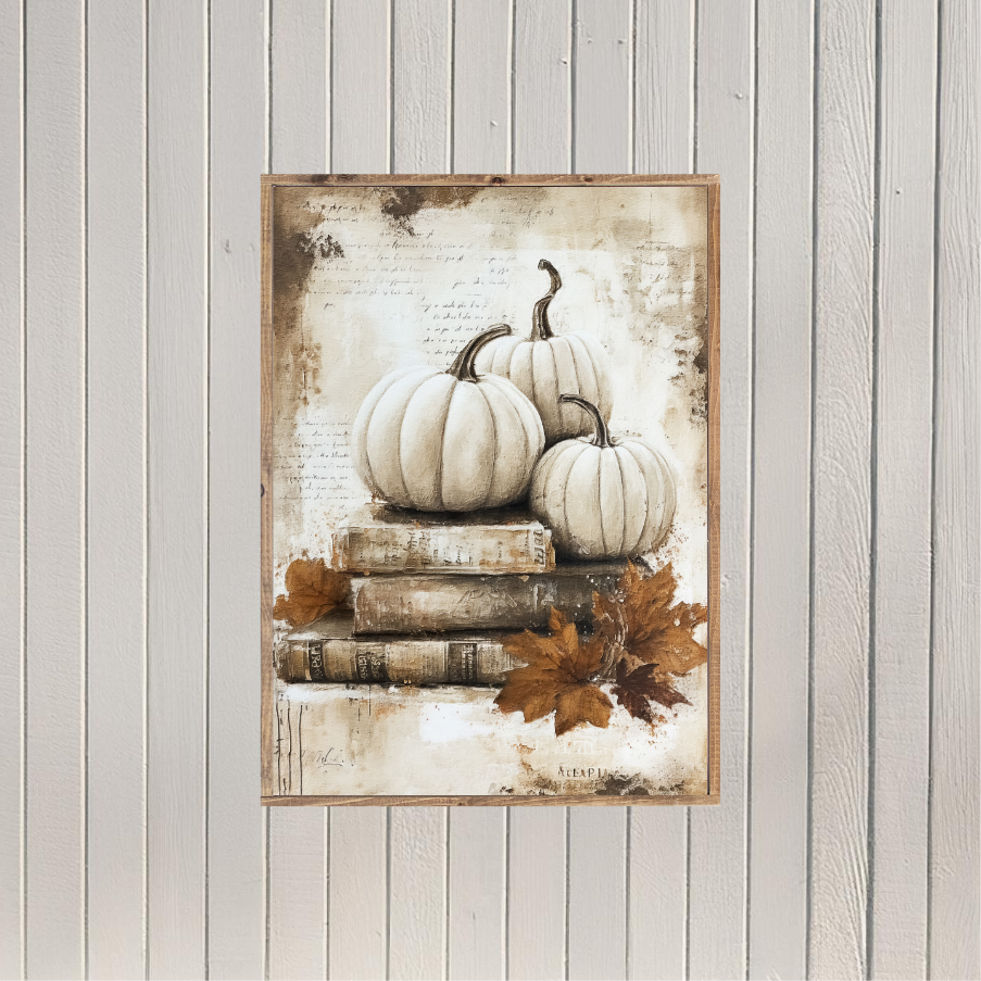 Rustic Vintage White Pumpkins 6 Canvas Printed Sign