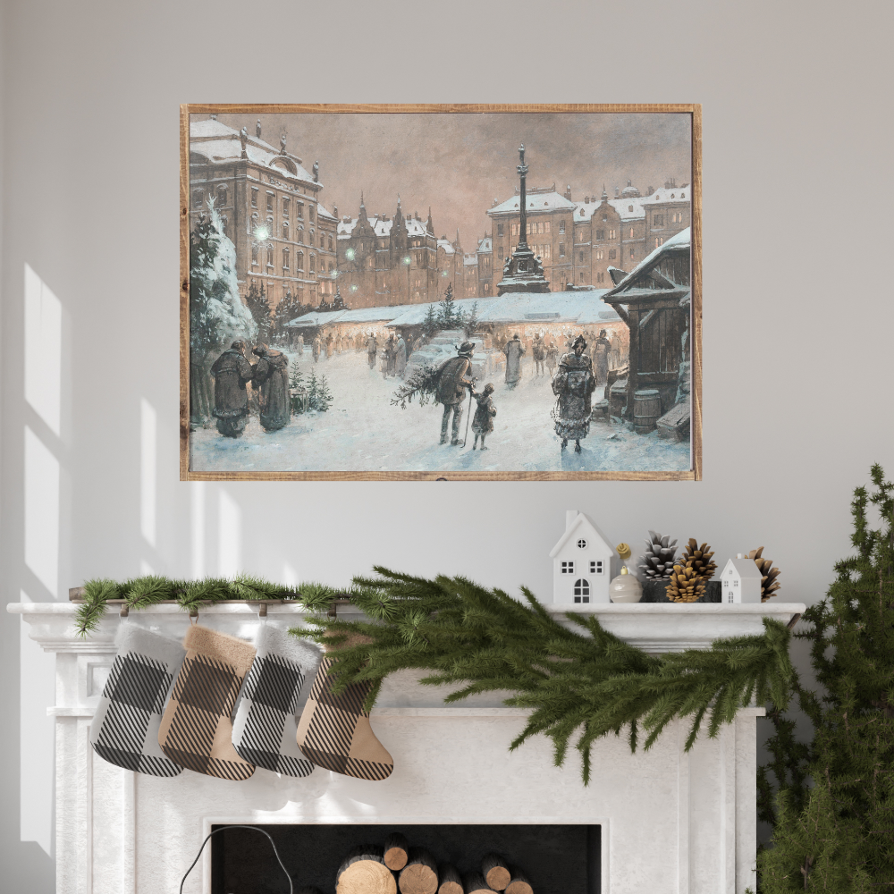 Snowy Christmas Market Canvas Printed Sign