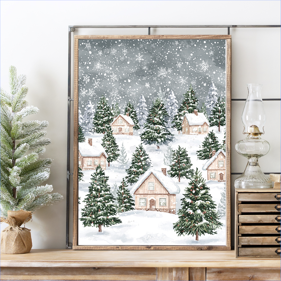 Snowy Evergreen Village Canvas Printed Sign