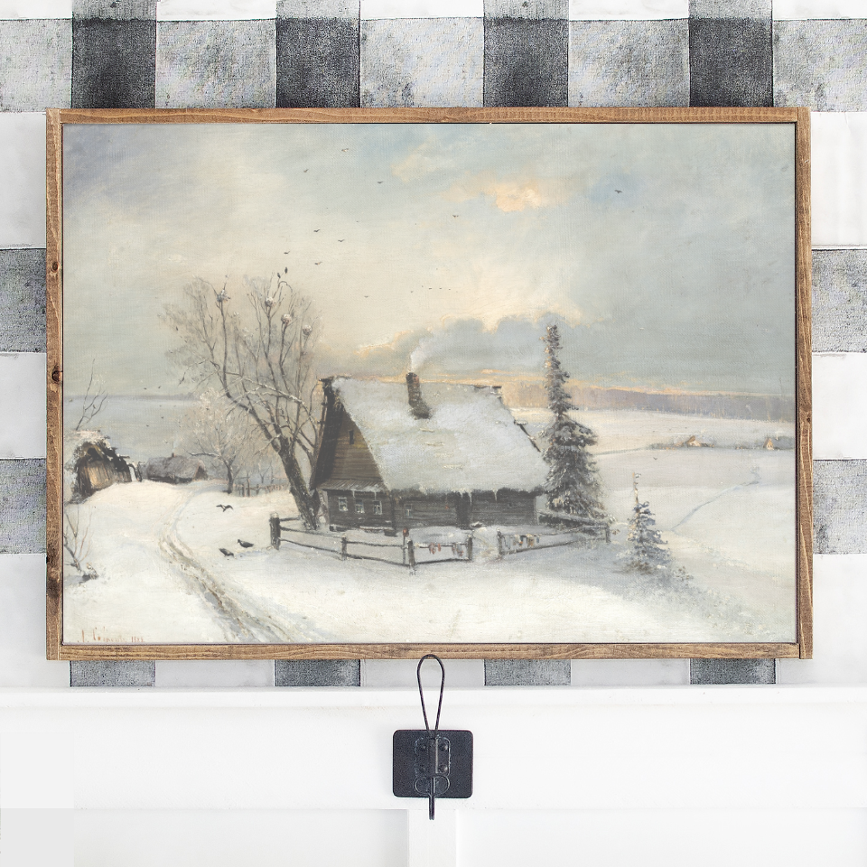 Snowy Sunset At The Cabin Canvas Printed Sign