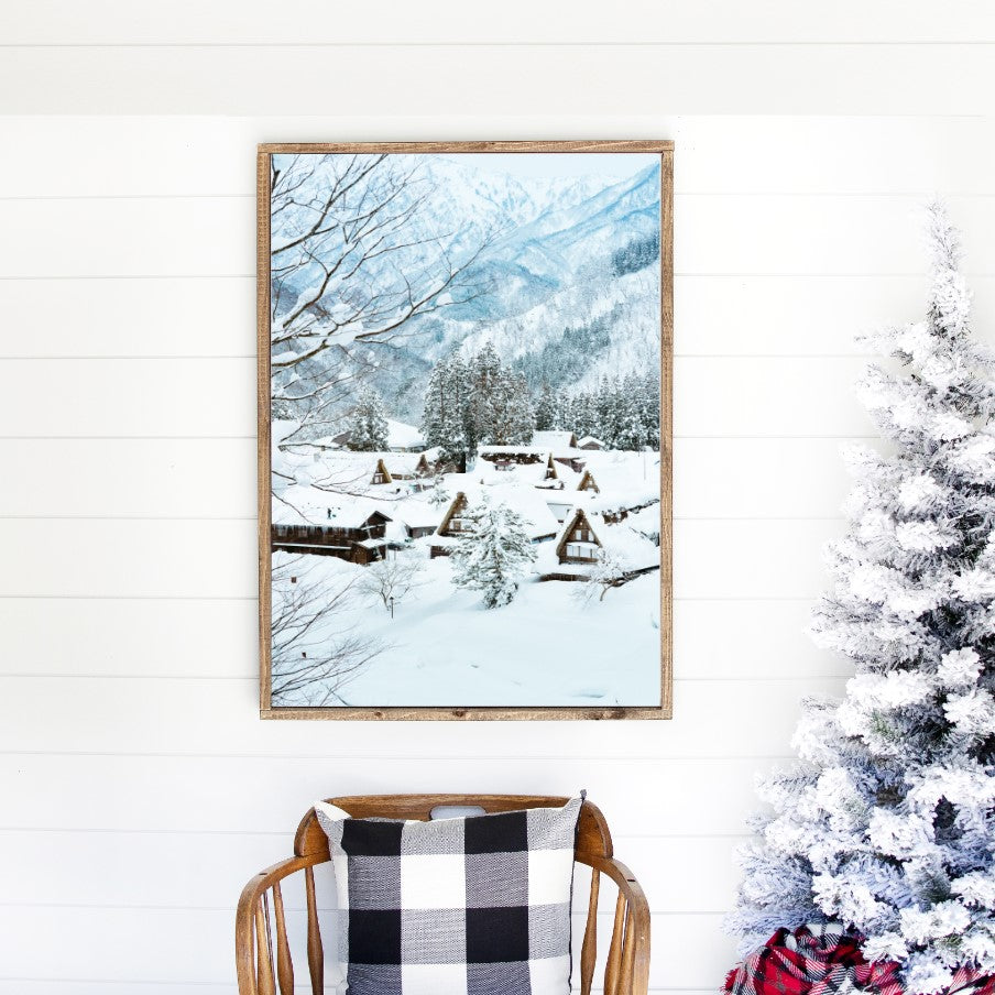 Snowy Winter Village Canvas Printed Sign
