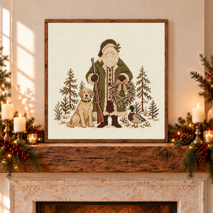 Santa, Dog, and Mallard Cross-Stitch Canvas Printed Sign