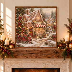 Snowy Christmas Village Bake Shop Canvas Printed Sign