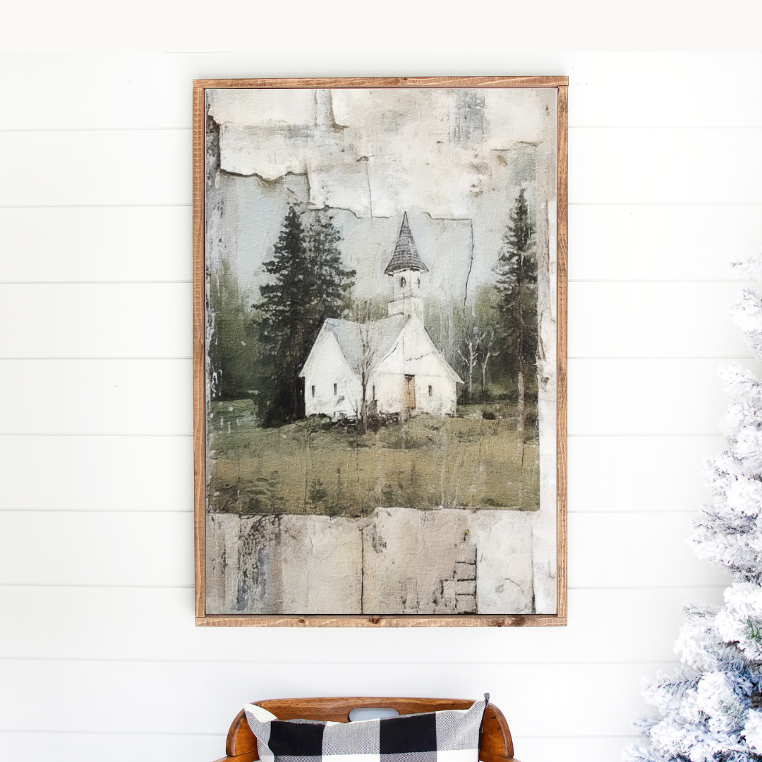 Birch Winter Church House Canvas Printed Sign