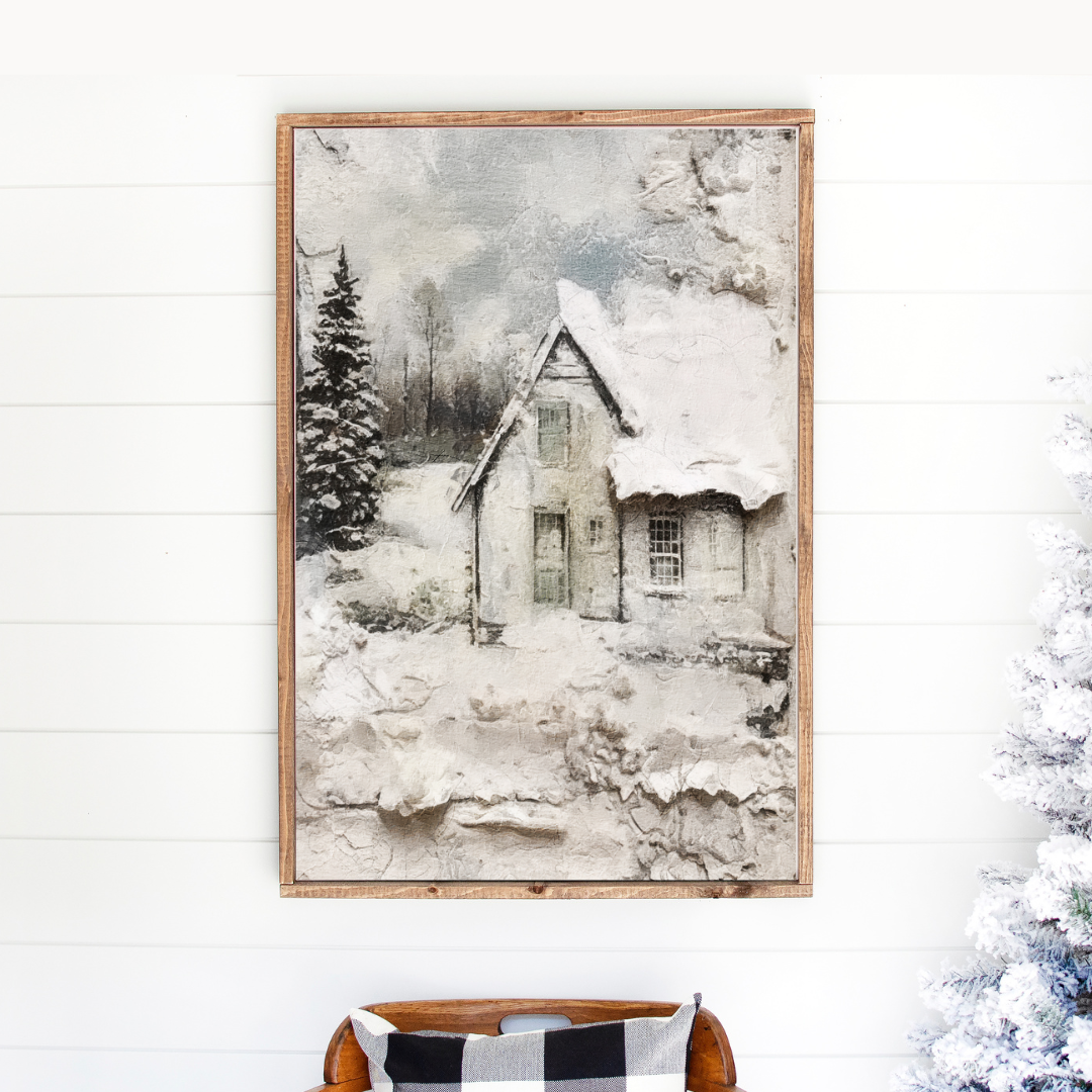 Birch Snowy Cottage Canvas Printed Sign