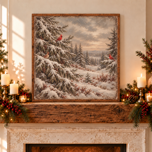 Vintage Cardinals in a Snowy Village Canvas Printed Sign