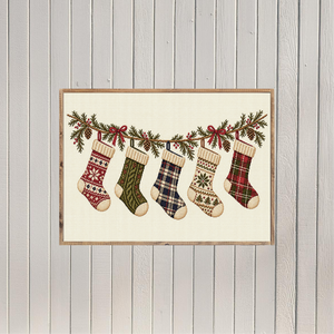 Vintage Cross-Stitch Stocking Garland Canvas Printed Sign