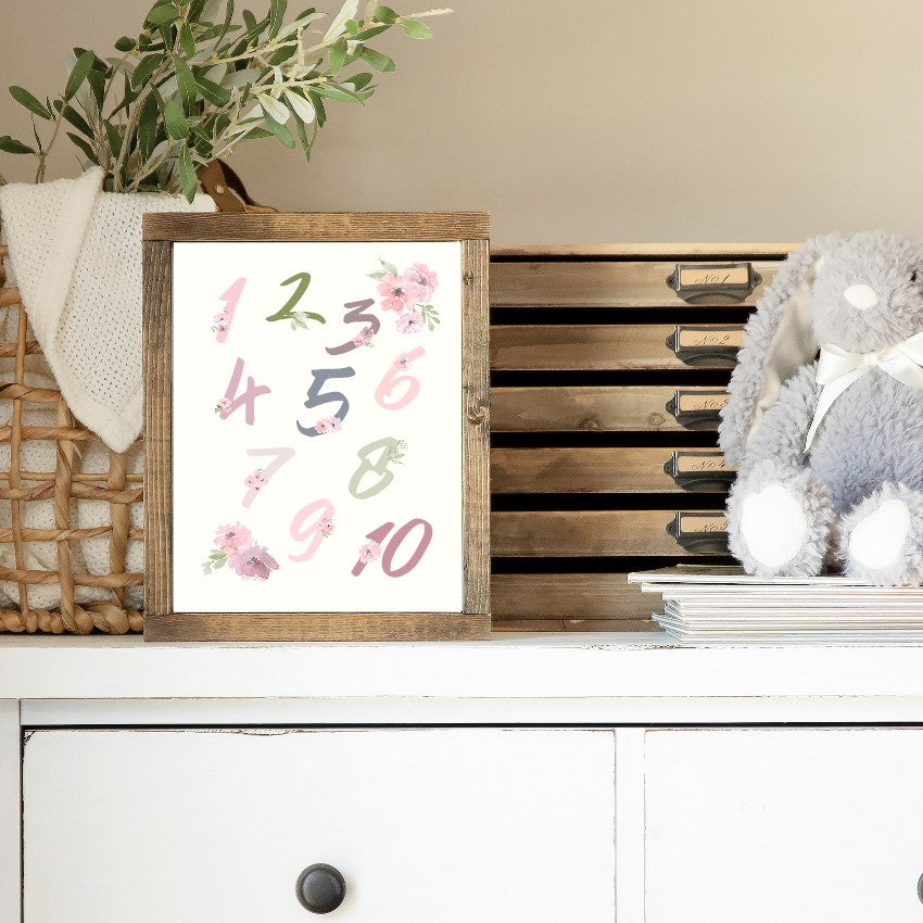 Watercolor Flowers Nursery Number Chart Canvas Printed Sign