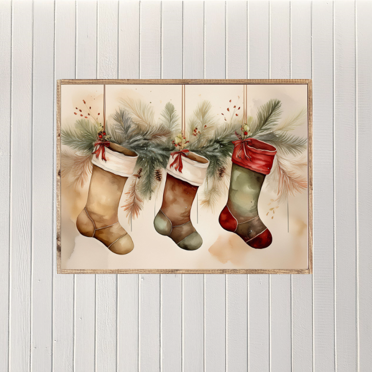 Whimsical Watercolor Christmas Stockings Canvas Printed Sign