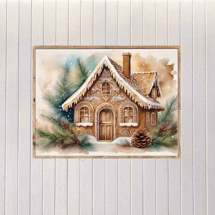 Whimsical Watercolor Gingerbread House Canvas Printed Sign