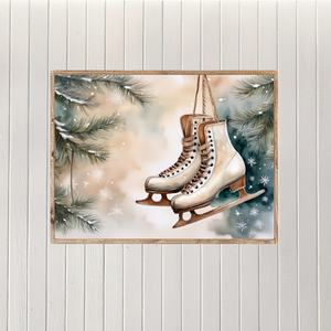 Whimsical Watercolor Ice Skates Canvas Printed Sign