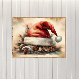 Whimsical Watercolor Santa Hat Canvas Printed Sign