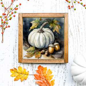 White Pumpkins With Acorns Canvas Printed Sign