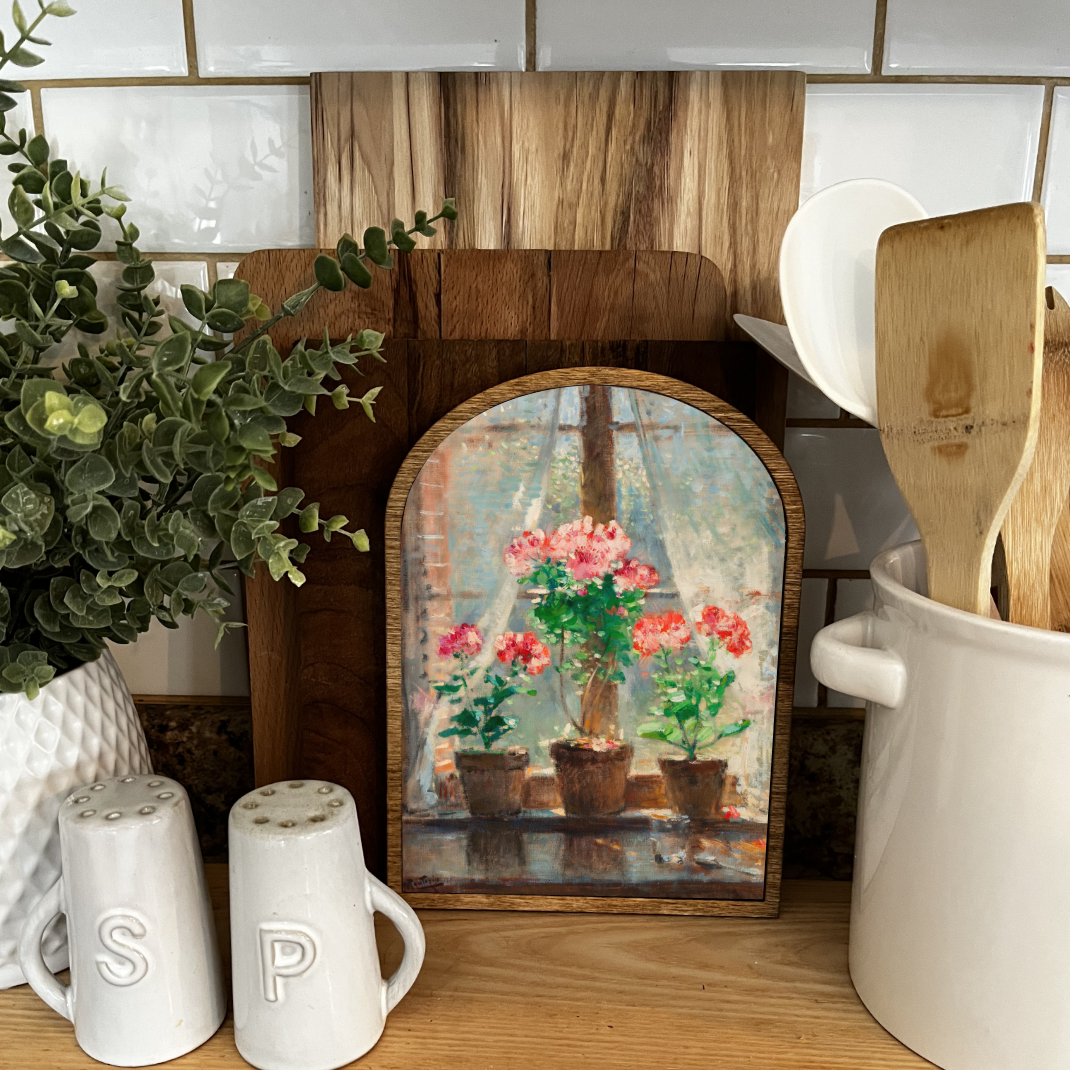 Window Sill Geraniums Arch Frame