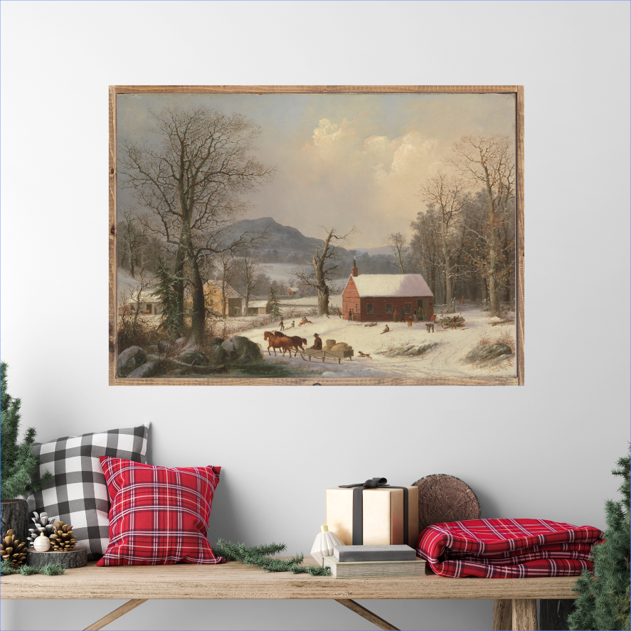 Winter at the Red School House Canvas Printed Sign