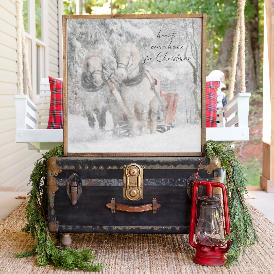 Hearts Come Home For Christmas Snowy Horse Drawn Sleigh Canvas Printed Sign