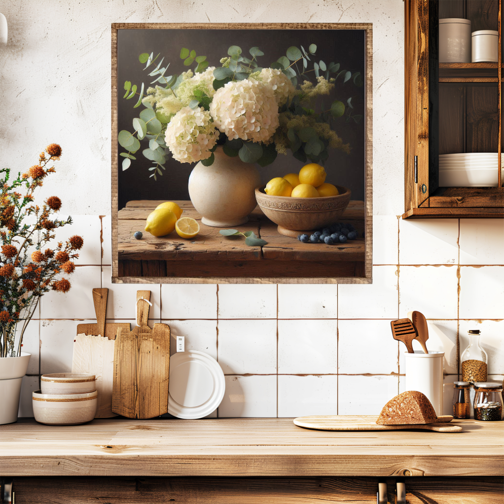 Lemons and Hydrangea Hush Canvas Printed Sign